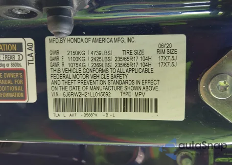 2020 Honda Cr-V Awd Lx z USA, uszkodzony, nr VIN 5J6RW2H21LL015692